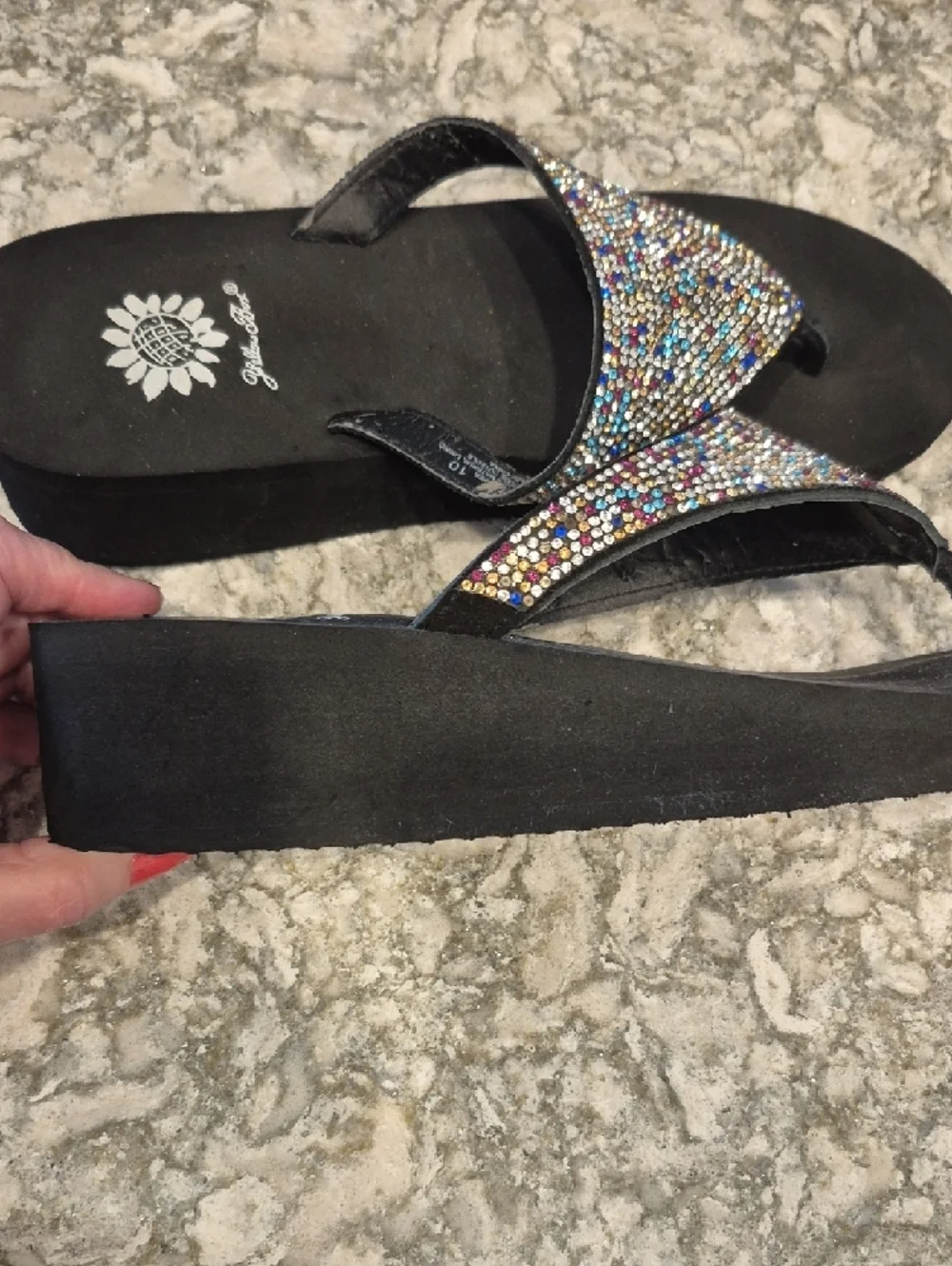 Yellow Box Kristian Glitter Wedge Black Sandals with Multicolored Rhinestones - Picture 8 of 10